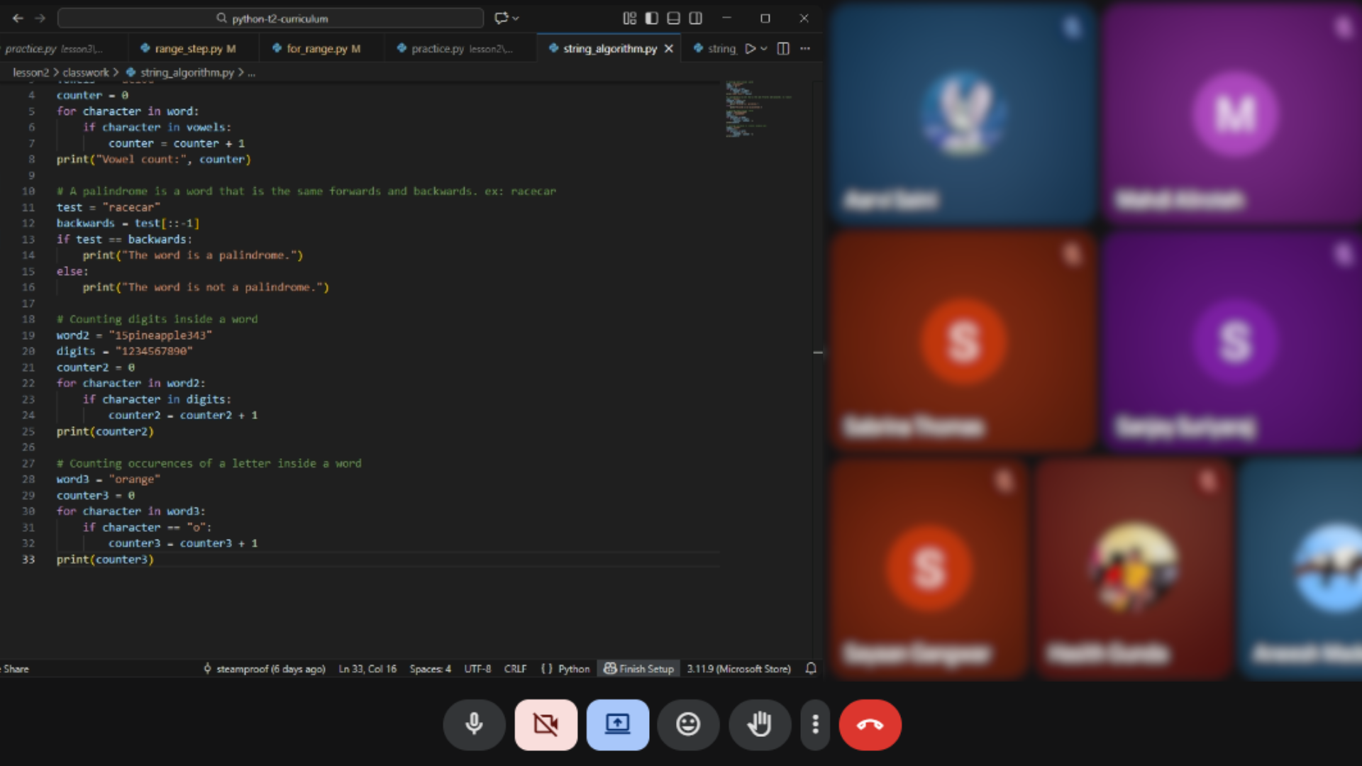 Live Sova Coding class teaching Python string algorithms via Google Meet